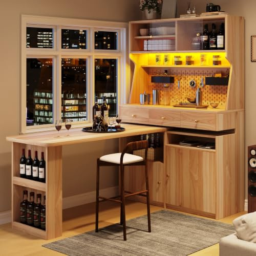 Kebnor Armario alto con escritorio y mesa de bar, armario de pie multifuncional con iluminación LED y control de aplicaciones, puertas de cristal, pisos ajustables, para sala de estar, comedor (marrón