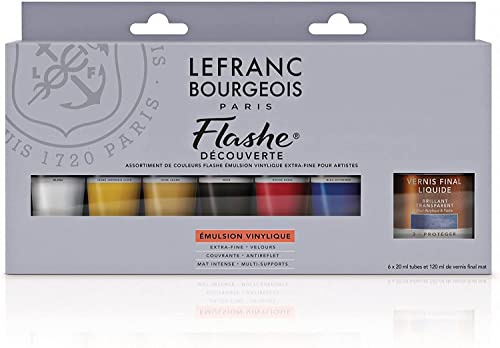 Lefranc Bourgeois 300340 Flashe Acrylfarbe & Vinylfarbe, hochpigmentiert, elastisch, lichtecht, alterungsbeständig, matt, für den Innen- & Außenbereich - 6 Farben Discovery Set a 20ml Tuben