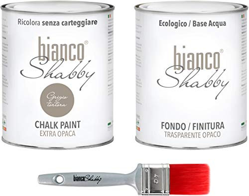 CHALK PAINT Grigio Tortora & FINITURA + PENNELLO - Pittura Shabby Chic EXTRA OPACA (1 Litro) + Finitura Trasparente Opaco (1 Litro) + 1 Pennello Pro 40 mm