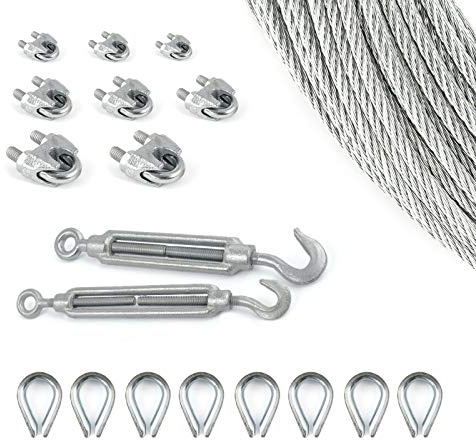DQ-PP stållina SET | 3 mm 6 x 7 medium mjuk | Förzinkad av stål | Byte 3 mm | Spänningslås kroköglor M5 | linsklämma bygel 3 mm | ledtråd för rankhjälp rep stål tråd skogsrep vindrep spännlina 20m Set 10