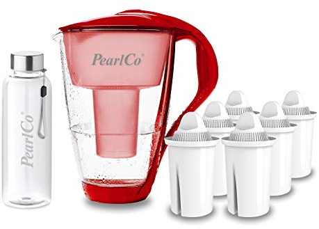 PearlCo - Glas-Wasserfilter (rot) mit 6 Universal classic Filterkartuschen + 1 Trinkflasche aus Glas