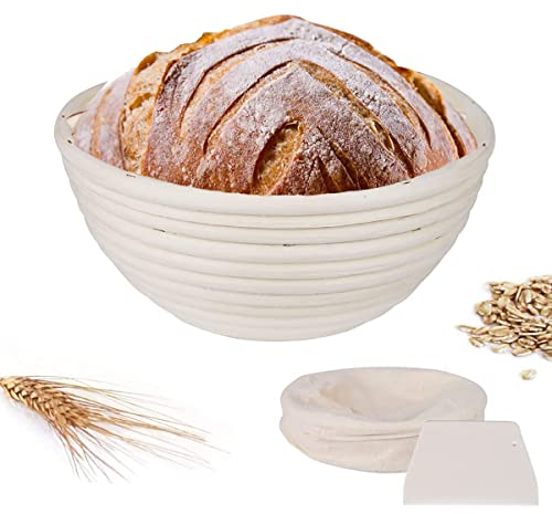 Cestino da Lievitazione per Pane, Cesto Lievitazione Pane in Rattan Naturale, Cestini Pane Rotondo da 18 cm, Banneton per Kit Pane con Panno Lievitazione e Taglierino Pane