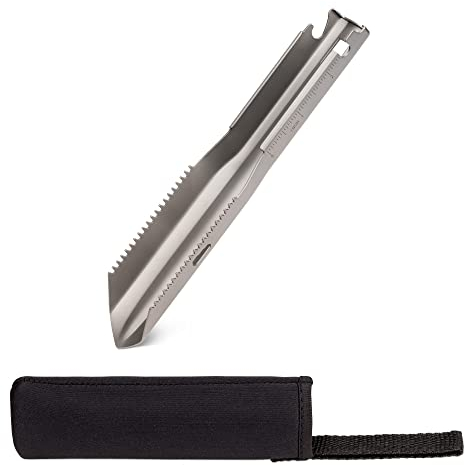 Navaris Pala de Acampada Multiusos – Pala Ligera de Titanio para Acampar, serrar, asegurar Cuerdas y más – Incluye Funda Protectora.