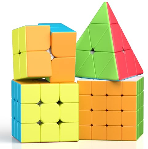 ROXENDA Speed Cube Set 2X2 3X3 4X4 Piramide Magic Cube - Puzzle Cubo di Velocità per Bambini, Giochi IQ, Giocattoli Educativi [4 Confezione] (Stickerless)