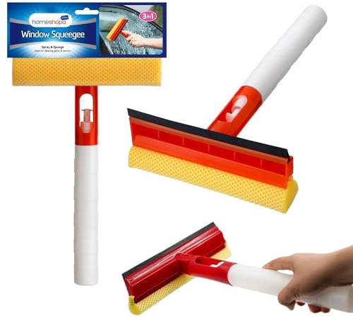 HOMESHOPA 3 in 1 Double-Sided Window Squeegee with Rubber Blade, Sponge, and Spray Bottle - Multipurpose Cleaning Tool with Built-in Microfiber Scrubber for Windows, Car, Home, Glass, Shower Doors