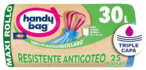 Handy Bag Bolsas de Basura Resistente Antigoteo, 100% Reciclado, Autocierre, 30L, 25 Bolsas, 1 Paquete