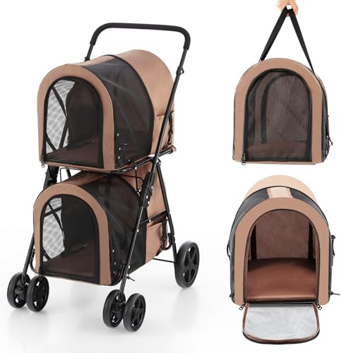 COSTWAY Passeggino per Cani Pieghevole, Carrozzina per Cani Multifunzionale 4 in 1 a Doppio Livello, Passeggino Smontabile con Ruote, Ideale per Passeggiata Viaggio e Shopping (Beige)