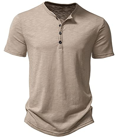 MakingDa Chemise Henley décontractée à manches courtes pour homme - Col boutonné - Pour la plage, les grands-pères, kaki, XL