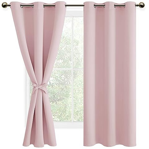 DWCN Blackout Curtains with Tiebacks for Bedroom Thermal Insulated Solid Eyelet Curtains for Living Room,2 Panels,46 Wide x 72 Drop Pink