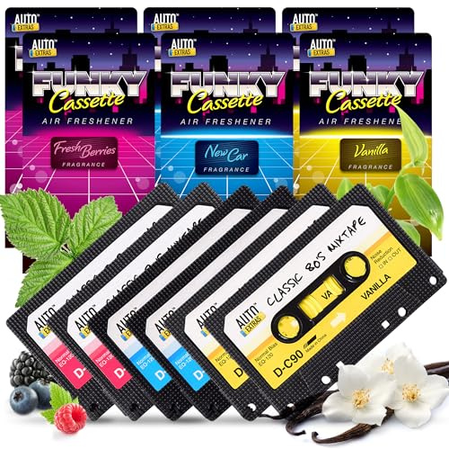 SOL 6pk Funky Cassette Air Fresheners, New Car, Berry, and Vanilla Scent, Retro Hanging Novelty Tape Refresher for Women and Men, Strong Smell Freshner Multipack, Long-Lasting Fragrance Airfreshener