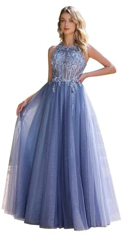 Misshow Luxueux Robe de Soirée Longue Grande Taille Sexy Chic Elégante Robe de Bal Promo en Fabric Scintillant Perlée Paillettée Bleu 44