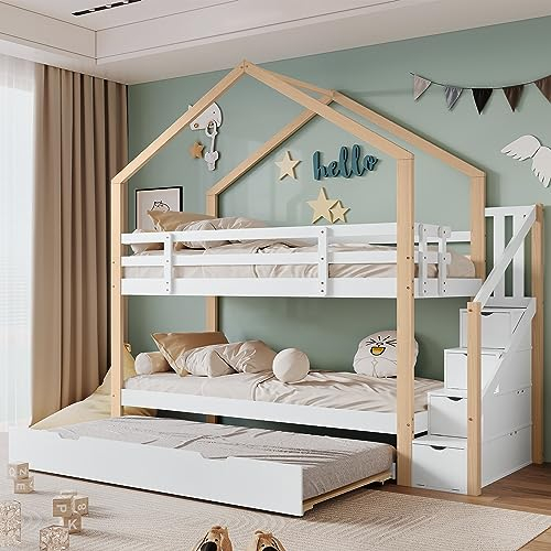 Rtopsu Kinderbett Etagenbett 90x200 cm mit Ausziehbares Bett, Bettgestell mit Treppe und Stauraum Regal, Hochbett mit Rausfallschutz und Lattenrost, Hausbett mit Dach, Weiß & Natur, Ohne Matratze