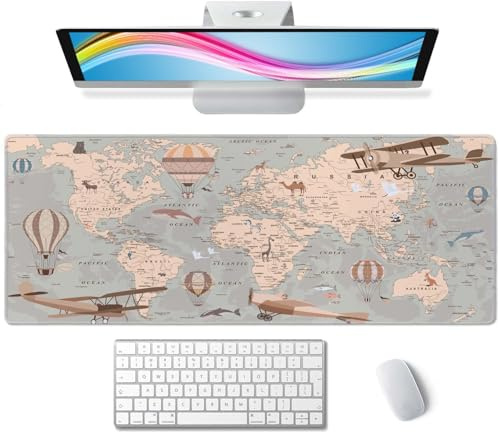 Grand tapis de souris de jeu, base en caoutchouc antidérapant, tapis de souris pour clavier avec bords cousus, 80 x 30 cm, carte du monde rétro avec ballons et animaux