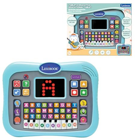 LEXIBOOK, Educational tablet, Bilingual ENGLISH/SPANISH, Talking tablet with screen to learn the alphabet, numbers and animals, Piano and interactive quiz modes, Blue, JCPAD007i2