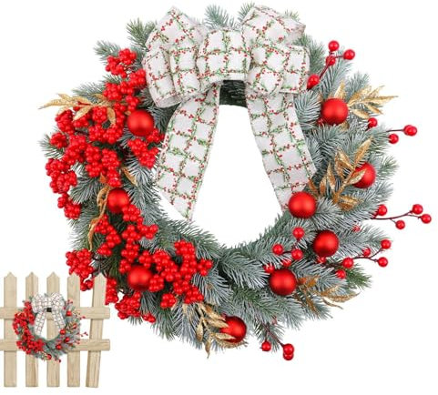 Ghirlanda natalizia per porta, ghirlanda invernale da appendere, ghirlanda artificiale, ghirlanda natalizia con bacche e fiocco, decorazione natalizia per interni e giardini