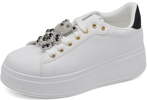 Scarpe da Donna Ginnastica Sportive Sneaker Moda Gioiello Decorazione A Orsetto Platform Plateau Strass AD-1 Bianco/Nero N.39