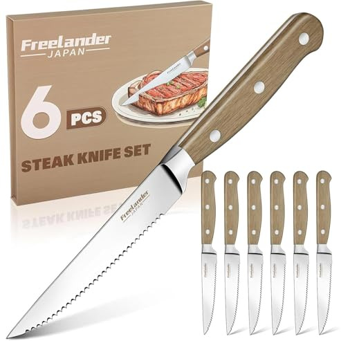 Freelander Juego Cuchillo de Carne 6 piezas, Cuchillos de Mesa con Sierra con Filo Dentado y Mango de Madera Ergonómico, Cuchillos de Bistec Afilados para Cortar Bistec y Carne