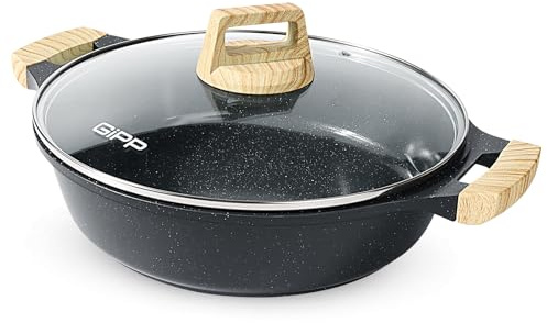 GiPP Tegami da 28 cm, Struttura in Alluminio Pressofuso, Pentola Bassa Antiaderente Ad Alte Prestazioni con Coperchio in Vetro, Tutti Fornelli y Induzione Senza PFOA
