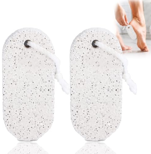 Pumice Stones, White Oval Foot Scrubbers with Hanging Cords, 2-Pack | Porous Abrasive Surface, Handheld Design, For Rough, Dry Areas Of Feet, Hands, Elbows And Knees, Use During Shower Or Bath