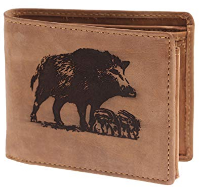 Greenburry Vintage Leder-Geldbeutel I Geldbörse mit Wildschwein Motiv I Leder-Portemonnaie für Jäger I Geschenk für Jäger I Lederbörse mit Wildsau Motiv I 12x10x3cm