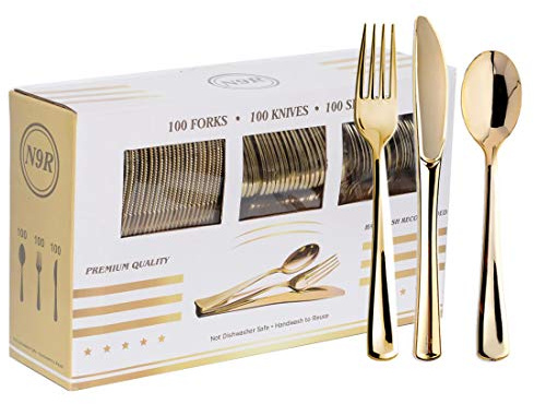 N9R 300PCS Gold Plastic Silverware, Heavy Duty Gold Plastic Cutlery Set Disposable Flatware Dinnerware, 100 Forks, 100 Spoons, 100 Knives, Perfect for Party, Wedding and Daily Use