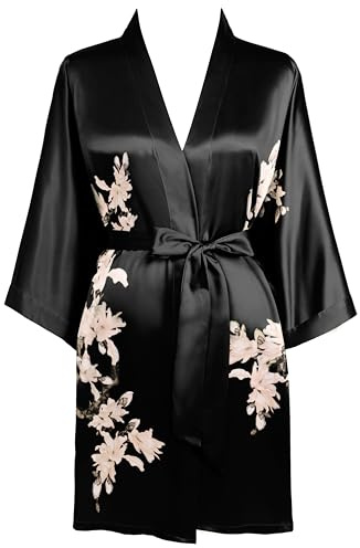 BABEYOND Kimono Robe Cover up Short Satin Floral Silky Kimono Blouse Loose Bachelorette Party Robe
