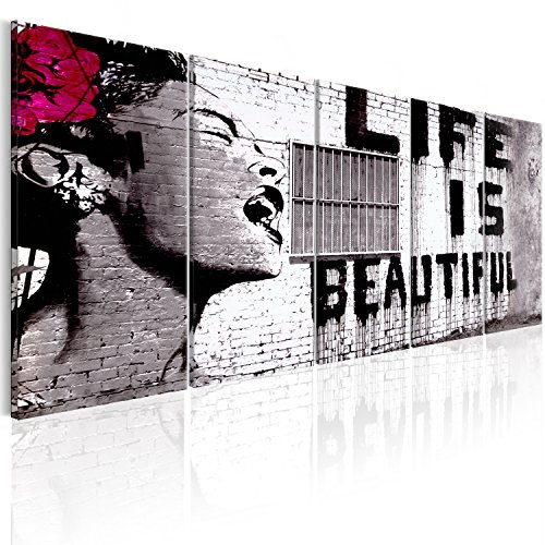 murando Cuadro Acústico Banksy Life is beautiful 225x90 cm espuma acústica absorbe el sonido aislamiento lienzo de 5 piezas Impresión Artística Decoración de Pared – Street Art i-C-0114-b-m