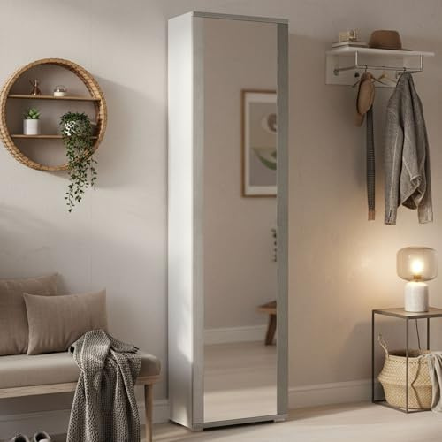 Dmora - Scarpiera Datura, Mobile multiuso da ingresso con anta a specchio , Armadio moderno portascarpe a 7 ripiani, 100% Made in Italy, 50x32hx182 cm, Bianco e Cemento