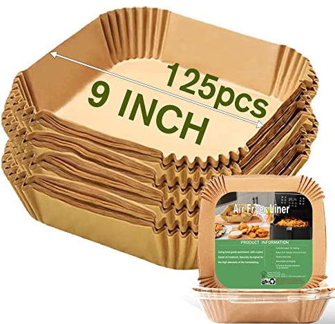 Large Air Fryer Disposable Paper Liners Square 9 Inch, 125 Pcs Parchment paper liner for 5-8QT Air fryer, Oil-proof, Water-proof, Parchment Baking Paper for Baking Roasting Microwave