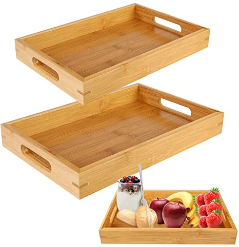 Plateau de Service en Bambou Avec Poignées: 2pcs Rectangulaire en Bois, Pour Repas, Café, Thé, Petit Déjeuner
