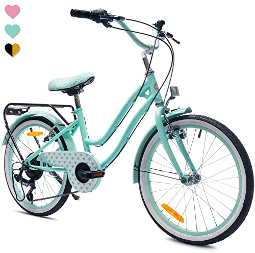 sun baby Heart Bike Bicicletta Bambina 20 Pollici, 6-10 anni, 6 velocità Shimano, freni V-Brake, cestino, campanello, portapacchi e cavalletto (Menta)