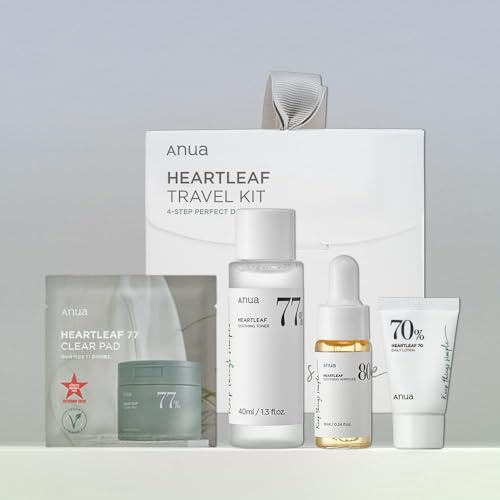 Anua Koreanisches Heartleaf Glättungsset | Reisegröße | Geschenkset mit Heartleaf 77 Transparent-Pads, Heartleaf77% Glättungs-Tonikum und tägliche Lotion und feuchtigkeitsspendende Beruhigungsampulle