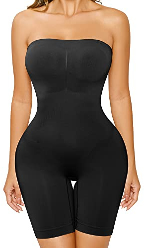Shapewear magkontroll formande body axelbandslös topp bodysuit rembyxor avtagbar axelrem för kvinnor underkläder, svart, M