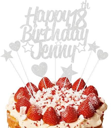 EKAM Personalised Happy Birthday Cake Topper, Customised with Any Age Name Party Cake Decoration, Glitter Card Cake Topper With Heart Star Cup Cake Toppers - 9Pcs (Prime, Silver)