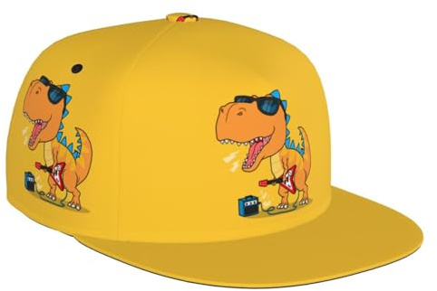 VOSERY Snapback Hats for Men - Rockstar Dinosaur Flat Bill Brim Hat for Men Adjustable Baseball Cap