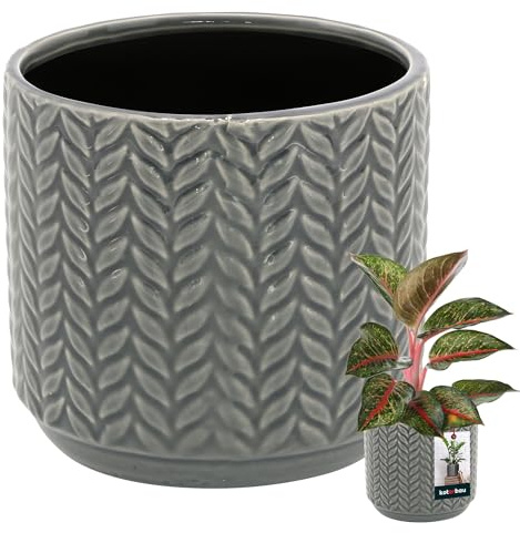 KOTARBAU® Pot De Fleurs en Céramique Émaillée Rond Gris ⌀ 12 cm | Cache-Fleur Cannelé avec Finition Brillante
