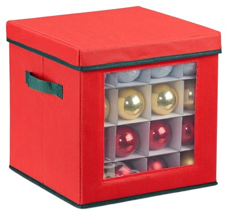 Relaxdays Weihnachtskugel Aufbewahrungsbox, für 64 Kugeln, HxBxT: 30 x 30 x 30 cm, Vlies, Pappe, Kugelkiste, rot/grün