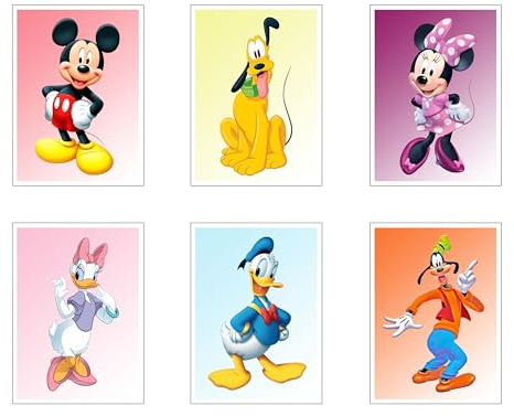 DKORARTE Set 6 cuadros base madera, Decoración Salón Modernos, Dormitorios, Habitación, Infantil, Mickey, Daisy, Pluto, Goofy, Donald, Minnie con colgadores metálicos, (29 x 20 cm cada cuadro)