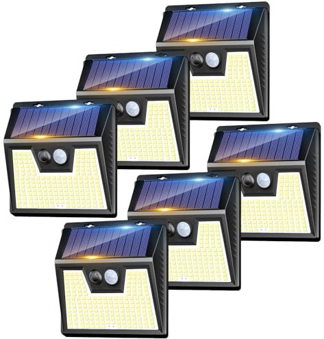 LOTMOS 6 Pack Solar Lights Outdoor Garden, 176 LED Ultra Bright Security Lights Motion Sensor, 3 Modes Waterproof Solar Powered Wall Fence Lights for Outside Stair Garage Yard Frontdoor, Cool White