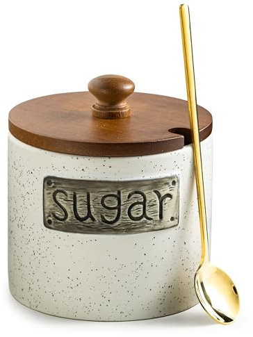 LYEOBOH Ceramic Sugar Bowl with Lid and Spoon, 15 OZ Sugar Holder for Coffee Bar Accessories, Sugar Jar for Countertop, Azucarera Farmhouse Home and Kitchen, White