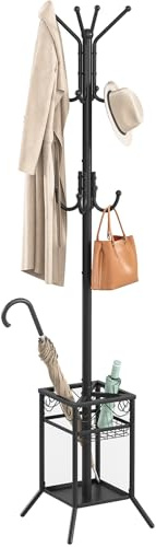 ELYKEN Coat Rack Freestanding, Coat Tree with Umbrella Holder, Metal Coat Rack Stand with 12 Hooks, Modern Standing Coat Hanger Stand, Hall Tree for Entryway Living Room Bedroom Office, Black