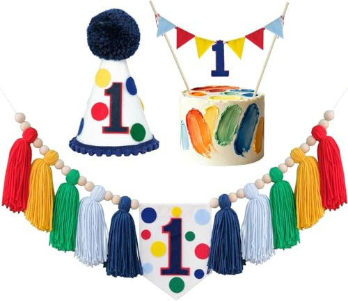 Colourful Rainbow Dot 1st High Chair Banner Conical Cap Primary Colors Cake Topper for Boys Girls Birthday Party Decorations (Red Blue)