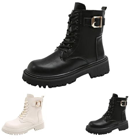 Botas de combate con cordones para mujer, botas de invierno con forro de piel cálida, con cremallera lateral, plataforma de goma antideslizante, suela de lengüeta, tacón bajo y grueso, botas cortas