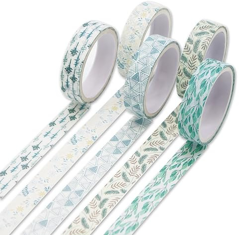 LYZHZHIUONGEI Botanical Washi Tape 5 Rolls Set - Green Leaves Floral Design 10mm Wide Friendly Japanese Masking Tape for Bullet Journal, Scrapbooking, DIY Crafts & Gift Wrapping