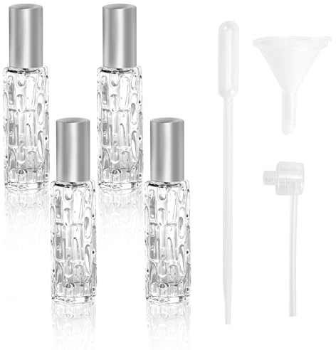 ZRUEWOT 4 nebulizzatori per profumo, ricaricabili, 10 ml, nebulizzatori per profumo, per viaggi, profumi, profumi, bottiglie vuote con cannuccia, imbuto e adesivi per uomini e donne