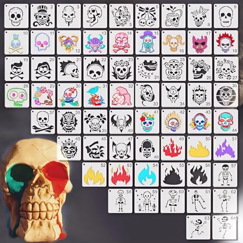 Juego de 64 plantillas de calavera de 7,62 x 7,62 cm, reutilizables, para Halloween, manualidades, para pared, madera, tela, cristal, tatuaje, aerógrafo, manualidades