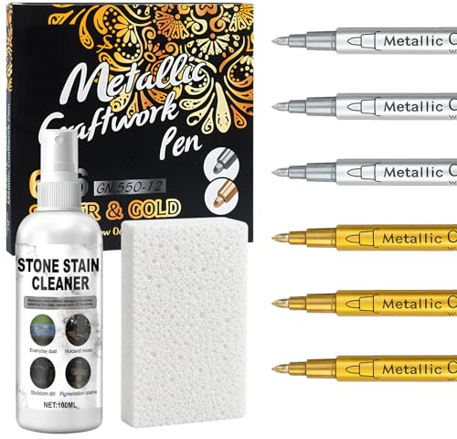 Gravstenspenna vit & guld, vattentät reparerar bleknade gravstenar | Gravstensfärg, gravsten markörpenna, väderbeständig, lämplig för granit, marmor och andra stenar, 3 x vit + 3 x guld