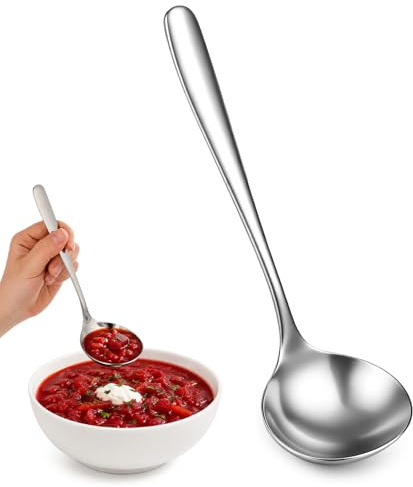 Mestolo da zuppa, in acciaio inox 304, piccolo mestolo per servire salsa lungo 19 cm, mestoli per zuppe, sugo e salse, cucchiaio da cucina con manico lungo (argento)