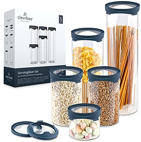 clevrbee Glasbehälter mit Deckel I Vorratsgläser 5er Set + Ersatzdeckel I Spülmaschinenfest, Luftdicht und Hitzebeständig I Vorratsdosen Glas in verschiedenen Größen I Frischhaltedosen mit Deckel