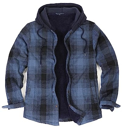 ZENTHACE Chaqueta de franela con forro de sherpa para hombre, con botones a presión, para invierno, a cuadros, con capucha, Azul marino, Medium